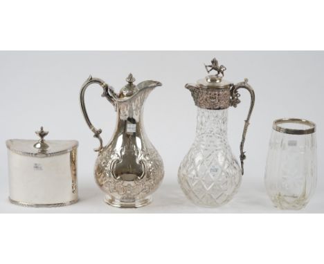 A silver rimmed faceted glass vase, Birmingham 1925 and plated wares, comprising; a hot water jug with embossed decoration, a