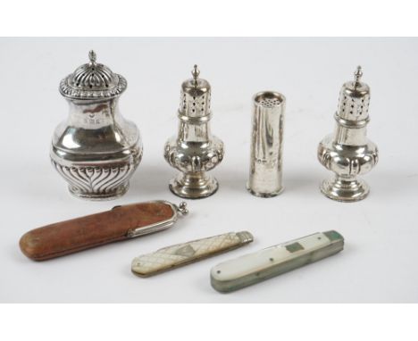 Silver and silver mounted wares, comprising; a silver bladed mother-of-pearl folding fruit knife cum folding fruit fork, Shef