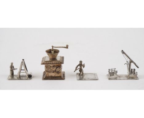 A silver model of a miniature coffee grinder, import mark London 1900 and three mostly Dutch miniatures, comprising; a canal 