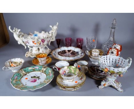 Ceramics, including; Coalport cups and saucers, a Dresden bowl, a pair of Staffordshire figures, a glass decanter and sundry,