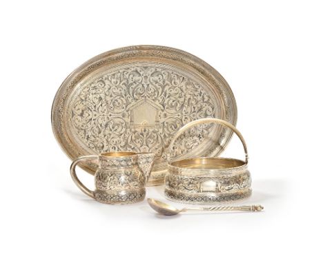 A Russian four piece sugar and cream desert set, comprising: an oval tray, length 28.5 cm, a sugar bowl of circular form with