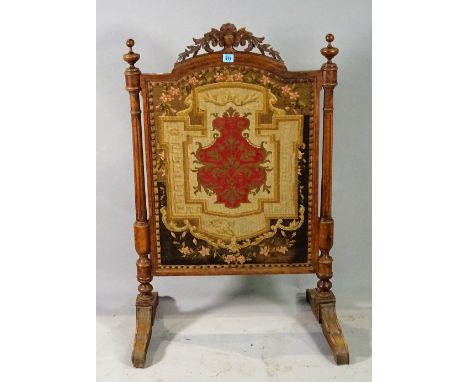 A Victorian mahogany framed fire screen 62cm wide x 100cm high and an Edwardian inlaid mahogany piano stool, 55cm wide x 65cm
