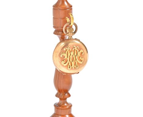 A lady's gold cased, keyless wind, hunting cased fob watch, with an unsigned jewelled lever movement, the inner and outer cas