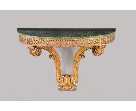 Mille Fabricant Paris, a 19th century console, the 'D' shape marble top on a gilt base with pierced frieze and pair of scroll