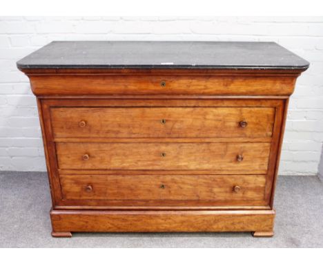 A 19th century French commode, the marble top over a mahogany five drawer base, 130cm wide x 96cm high. 
