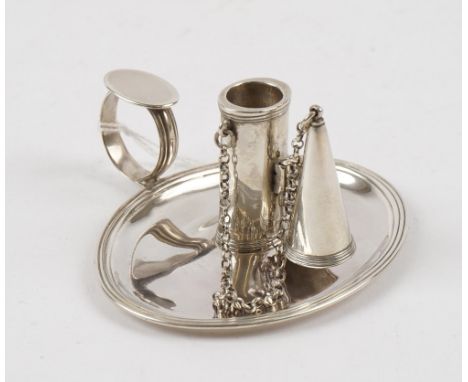 A George III silver chamber candlestick, of oval form, decorated with reeded bands and with a detachable snuffing cone, fitte