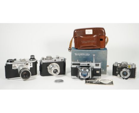 Four vintage 35mm cameras, comprising; a Voightlander Vitessa, a Corfield Periflex, a German Robot and a Model O Ensign Multe