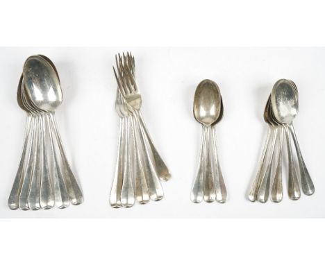 Silver rat tail pattern table flatware, comprising; six tablespoons, eight dessert spoons and four table forks, all London 19