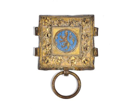A gilt copper enamel fitting, probably French, of square form, with blue enamel lion to centre within a wide foliate cast bor