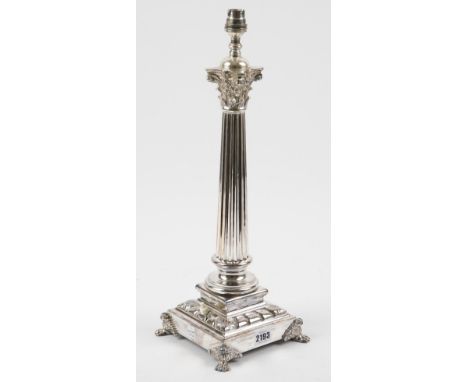 A silver plated table lamp,designed as a Corinthian column, raised on a square base having four paw corner feet, height 49cm.