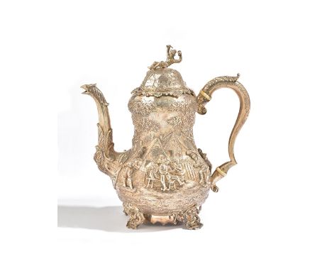A Victorian silver coffee pot, of baluster form, the body and the hinged lid decorated with Dutch style figures and cottages 