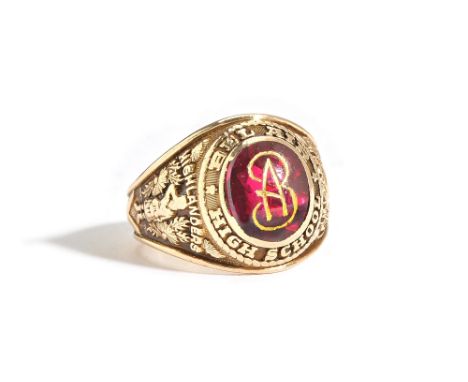 An American gold and cabochon red gem set college ring, detailed Bel Air High School and to the shoulders, Loyal Forever High