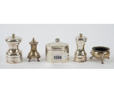 Silver and silver mounted wares, comprising: an octagonal hinge lidded tea caddy, Chester 1928, a pepperette raised on three 