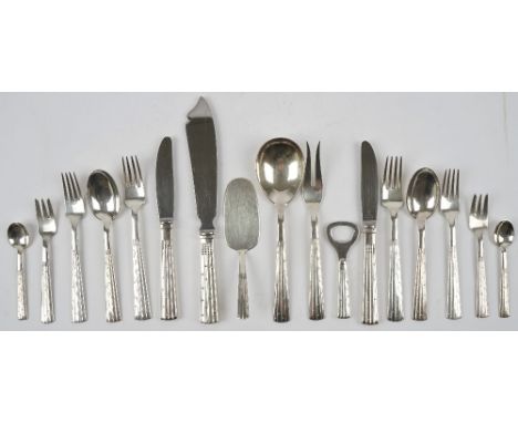 An Orla Vagn Mogensen Champagne Danish part canteen of table flatware for six place settings, comprising; six dessert spoons,