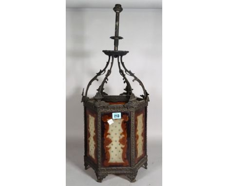 An early 20th century metal and glass octagonal hanging ceiling light, 65cm high. 