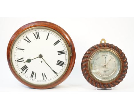 A late 19th century mahogany cased dial clock with 12inch painted tin dial (pendulum) and an oak cased nautical wall baromete