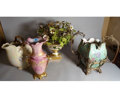 Mangani; a modern ceramic and gilt metal pink ground vase, 32cm high, a modern gilt on metal ceramic centrepiece vase, 36cm h
