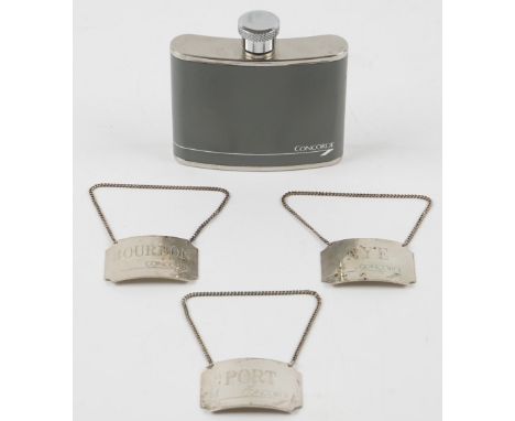 A small group of Concorde interest items, comprising; three silver decanter labels, comprising; Bourbon, Rye and Port, Birmin