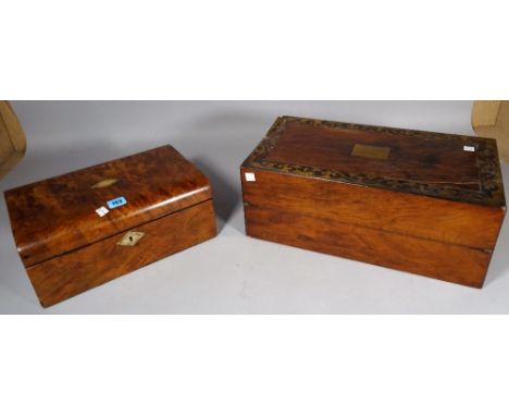 A Victorian walnut and mother of pearl inlaid writing slope, 35cm, wide x 15cm high, and a later walnut and brass inlaid writ