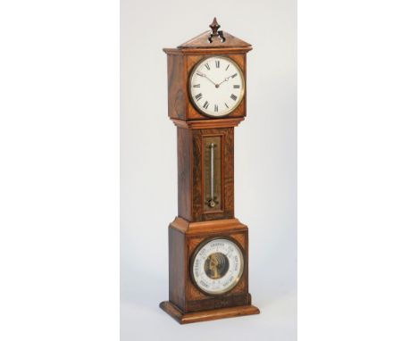 A French rosewood, fruitwood and line inlaid mantel timepiece with aneroid barometer and thermometer, circa 1900 of small siz