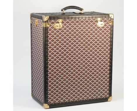A Goyard style trunk with yellow lining and lift out trays, 60cm x 49cm x 30cm.  