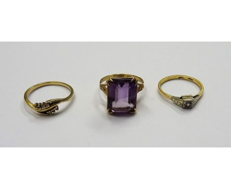 A 9ct gold ring, claw set with a cut cornered rectangular step cut amethyst, a gold and platinum, diamond set single stone ri