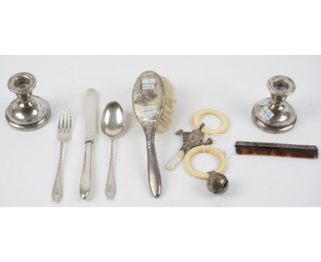 Silver and silver mounted wares, comprising; a three piece christening set, comprising; a knife, a fork and a spoon, London 1