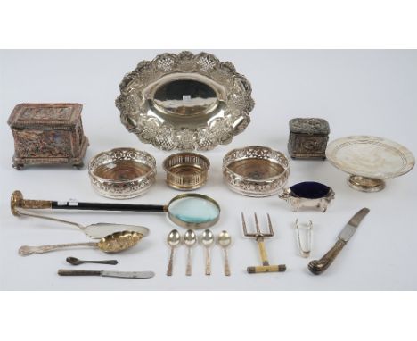 Plated wares, comprising; a rectangular hinge lidded casket, decorated with figures, raised on four feet, a smaller rectangul