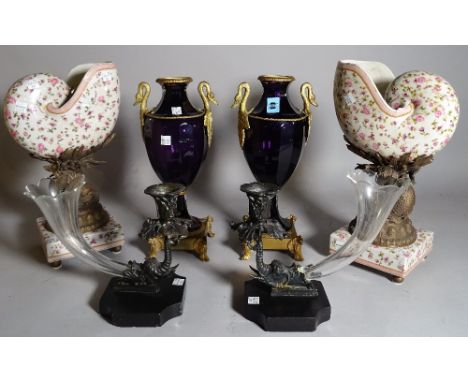 A pair of Victorian style purple glass and gilt metal mounted vases with swan handles, 35cm high, a pair of glass cornucopia 