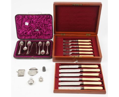 Silver, comprising; a set of six Victorian teaspoons and a matching pair of sugar tongs, London 1893, with a case, a sovereig