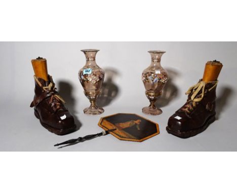 A pair of leather ski boots, a pair of enamelled glass vases, 25cm high and a Victorian fire screen/ fan, (5). 