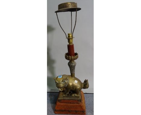 A 19th century and later Chinese dog of fo table lamp on plinth base, 68cm high. 