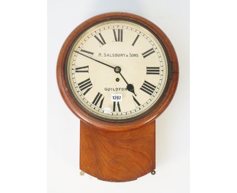 A mahogany cased drop dial wall clock 'R. SALSBURY &amp; SONS GUILDFORD' with a 12 inch painted tin dial and single fusee mov