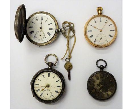 A gold cased, keyless wind, openfaced pocket watch, with an unsigned jewelled lever movement, base metal inner case, the enam