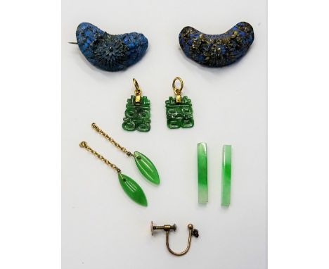 A pair of carved jade pendant drops, the tops detailed 585, two jade batons, two jade marquise shaped drops, one gold earring