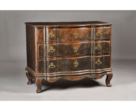 An 18th century North Italian ebonised serpentine three drawer commode, on squat pointed cabriole supports, 126cm wide x 98cm