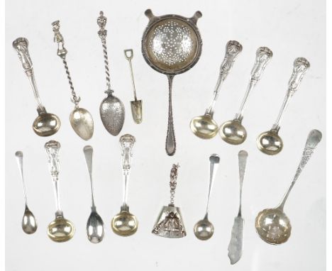 Silver, comprising; a set of six double struck King's pattern salt spoons, London 1833, a sugar sifting spoon, London 1903, a