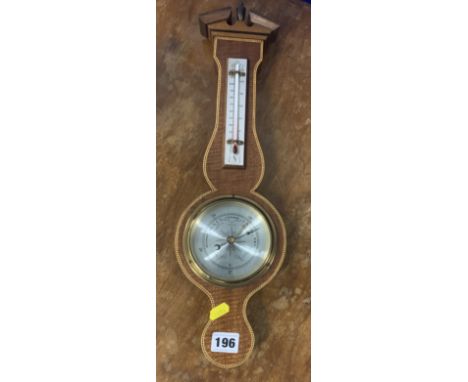 Small inlaid mahogany barometer with thermometer. 18” long.