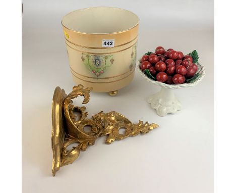 Windsor Art Ware planter 8.5” high, gilt wall shelf and porcelain bowl of cherries (some damage)