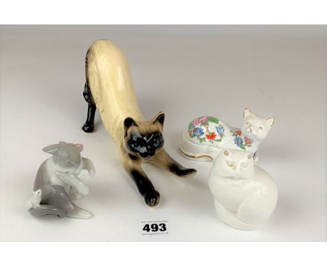 3 cat figures including Lladro &amp; Minton and an Aynsley cat trinket box