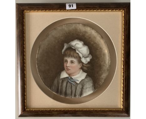 Framed handpainted ceramic plate with portrait of girl signed Ellen Mallam, plate 9.5” diameter, frame 14.5” square