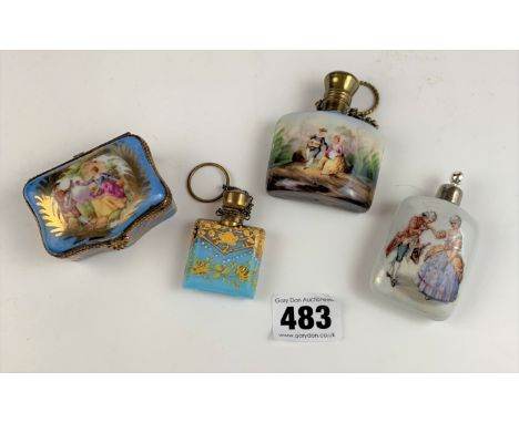 Limoge trinket box and 3 painted scent bottles