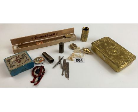 Princess Mary Christmas 1914 tin, Claasen Churchill cigar, miniature tools, plumb line made from HMS Ark Royal, Edward VII co