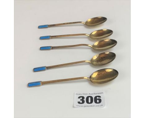5 enamel topped silver coffee spoons, total w: 1.3 ozt