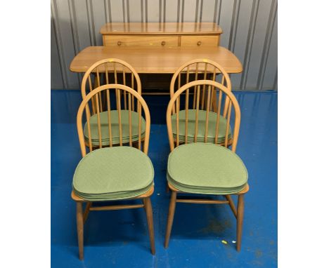 Blond Ercol dining suite with table, 4 chairs and sideboard. Good condition. Table 52” long x 28” wide x 28” high, sideboard 