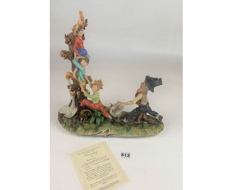 Capo di Monte figure by Mariani ‘Scrumpy’, 14” long x 15” high. With certificate. End of stick missing