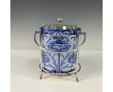 James Macintyre Florian Ware Biscuit Barrel by William Moorcroft with James Dixon &amp; Sons electroplated-silver frame. This