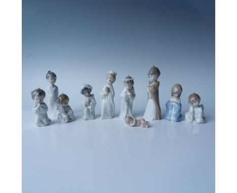 This lot includes ten Lladro porcelain figurines: the 3pc Mini Holy Family (01005657), 3pc Three Kings (01005729), 3pc Mini A