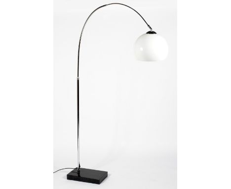 An Italian chromed arc floor lamp. With opaque glass dome shade, on rectangular black stone base, electrified, H189cm 