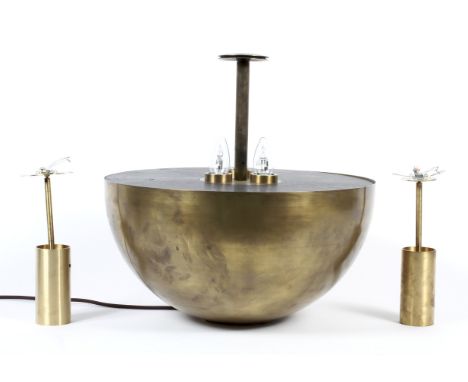 A large Apparatus (New York) domed shaped brass pendant light and two small Hans Verstuyft (Belgium) brass cylindrical wall l